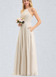 Jade A-line Scoop Floor-Length Chiffon Lace Bridesmaid Dress UKP0017509