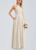 Jade A-line Scoop Floor-Length Chiffon Lace Bridesmaid Dress UKP0017509