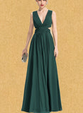 Arely A-line V-Neck Floor-Length Chiffon Bridesmaid Dress With Pleated UKP0017513