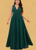 Arely A-line V-Neck Floor-Length Chiffon Bridesmaid Dress With Pleated UKP0017513