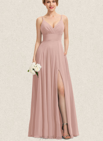 Olivia A-line V-Neck Floor-Length Chiffon Bridesmaid Dress With Pleated UKP0017515