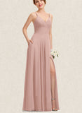 Olivia A-line V-Neck Floor-Length Chiffon Bridesmaid Dress With Pleated UKP0017515