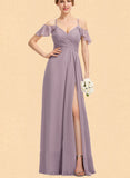 Beatrice A-Line V-neck Cold Shoulder Floor-Length Chiffon Bridesmaid Dress With Pleated UKP0017516