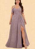 Beatrice A-Line V-neck Cold Shoulder Floor-Length Chiffon Bridesmaid Dress With Pleated UKP0017516