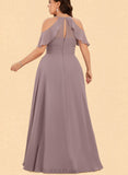 Beatrice A-Line V-neck Cold Shoulder Floor-Length Chiffon Bridesmaid Dress With Pleated UKP0017516