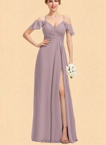 Beatrice A-Line V-neck Cold Shoulder Floor-Length Chiffon Bridesmaid Dress With Pleated UKP0017516