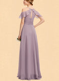 Beatrice A-Line V-neck Cold Shoulder Floor-Length Chiffon Bridesmaid Dress With Pleated UKP0017516