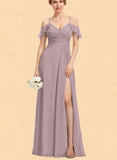 Beatrice A-Line V-neck Cold Shoulder Floor-Length Chiffon Bridesmaid Dress With Pleated UKP0017516