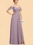 Beatrice A-Line V-neck Cold Shoulder Floor-Length Chiffon Bridesmaid Dress With Pleated UKP0017516