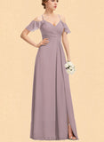 Beatrice A-Line V-neck Cold Shoulder Floor-Length Chiffon Bridesmaid Dress With Pleated UKP0017516