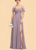 Beatrice A-Line V-neck Cold Shoulder Floor-Length Chiffon Bridesmaid Dress With Pleated UKP0017516