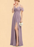 Beatrice A-Line V-neck Cold Shoulder Floor-Length Chiffon Bridesmaid Dress With Pleated UKP0017516