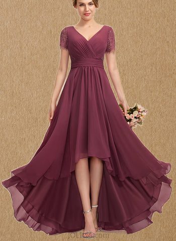 Brylee A-line V-Neck Asymmetrical Chiffon Lace Bridesmaid Dress With Pleated UKP0017518