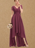 Brylee A-line V-Neck Asymmetrical Chiffon Lace Bridesmaid Dress With Pleated UKP0017518