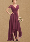 Brylee A-line V-Neck Asymmetrical Chiffon Lace Bridesmaid Dress With Pleated UKP0017518