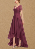 Brylee A-line V-Neck Asymmetrical Chiffon Lace Bridesmaid Dress With Pleated UKP0017518