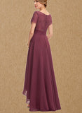 Brylee A-line V-Neck Asymmetrical Chiffon Lace Bridesmaid Dress With Pleated UKP0017518