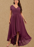 Brylee A-line V-Neck Asymmetrical Chiffon Lace Bridesmaid Dress With Pleated UKP0017518