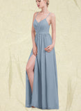 Cierra A-line V-Neck Floor-Length Chiffon Bridesmaid Dress With Pleated UKP0017521