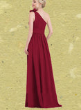 Charity A-Line One-Shoulder Floor-Length Chiffon Bridesmaid Dress With Flower(s) Pleated UKP0017522