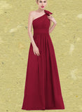 Charity A-Line One-Shoulder Floor-Length Chiffon Bridesmaid Dress With Flower(s) Pleated UKP0017522