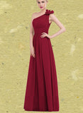 Charity A-Line One-Shoulder Floor-Length Chiffon Bridesmaid Dress With Flower(s) Pleated UKP0017522