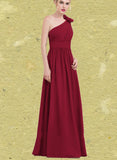 Charity A-Line One-Shoulder Floor-Length Chiffon Bridesmaid Dress With Flower(s) Pleated UKP0017522