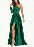 Mollie A-Line One-Shoulder Floor-Length Satin Prom Dresses UKP0017527