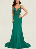 EmeryPiper Trumpet/Mermaid V-Neck Sweep Train Jersey Prom Dresses With Sequins UKP0017536