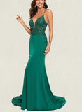 EmeryPiper Trumpet/Mermaid V-Neck Sweep Train Jersey Prom Dresses With Sequins UKP0017536