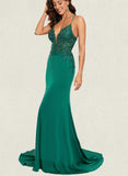 EmeryPiper Trumpet/Mermaid V-Neck Sweep Train Jersey Prom Dresses With Sequins UKP0017536