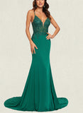 EmeryPiper Trumpet/Mermaid V-Neck Sweep Train Jersey Prom Dresses With Sequins UKP0017536