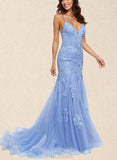 Esther Trumpet/Mermaid V-neck Sweep Train Tulle Lace Prom Dresses With Sequins UKP0017537