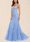 Esther Trumpet/Mermaid V-neck Sweep Train Tulle Lace Prom Dresses With Sequins UKP0017537