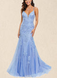 Esther Trumpet/Mermaid V-neck Sweep Train Tulle Lace Prom Dresses With Sequins UKP0017537