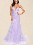 Esther Trumpet/Mermaid V-neck Sweep Train Tulle Lace Prom Dresses With Sequins UKP0017537