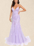 Esther Trumpet/Mermaid V-neck Sweep Train Tulle Lace Prom Dresses With Sequins UKP0017537