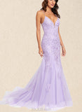 Esther Trumpet/Mermaid V-neck Sweep Train Tulle Lace Prom Dresses With Sequins UKP0017537