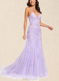 Esther Trumpet/Mermaid V-neck Sweep Train Tulle Lace Prom Dresses With Sequins UKP0017537