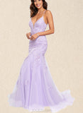 Esther Trumpet/Mermaid V-neck Sweep Train Tulle Lace Prom Dresses With Sequins UKP0017537