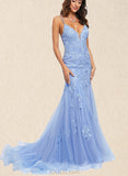 Esther Trumpet/Mermaid V-neck Sweep Train Tulle Lace Prom Dresses With Sequins UKP0017537