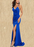 Kaia Trumpet/Mermaid V-Neck Sweep Train Jersey Prom Dresses UKP0017538