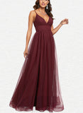 Yamilet A-line V-Neck Floor-Length Tulle Prom Dresses UKP0017543