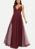 Yamilet A-line V-Neck Floor-Length Tulle Prom Dresses UKP0017543