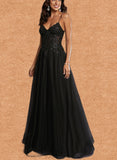 Karma A-line V-Neck Floor-Length Tulle Prom Dresses UKP0017544