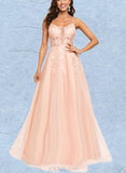 Shayna A-Line Scoop Floor-Length Tulle Lace Prom Dresses With Sequins UKP0017545