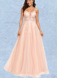 Shayna A-Line Scoop Floor-Length Tulle Lace Prom Dresses With Sequins UKP0017545