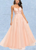 Shayna A-Line Scoop Floor-Length Tulle Lace Prom Dresses With Sequins UKP0017545