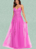 Ainsley A-line V-Neck Floor-Length Tulle Prom Dresses UKP0017547