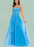 Ainsley A-line V-Neck Floor-Length Tulle Prom Dresses UKP0017547